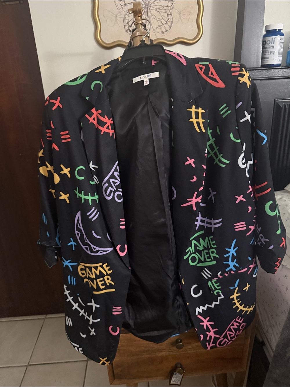 Pastels Black Graphic Game Over Blazer with Multicolor Neon Prints